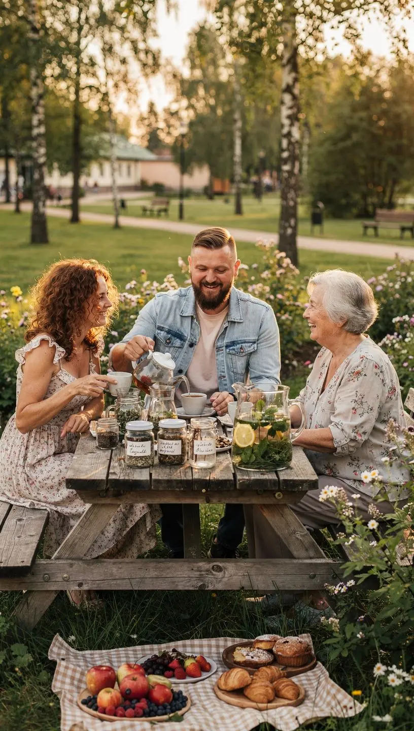 Šilta arbatžolių puodelio nuotrauka ant medinio stalo ramiai apšviestoje aplinkoje.