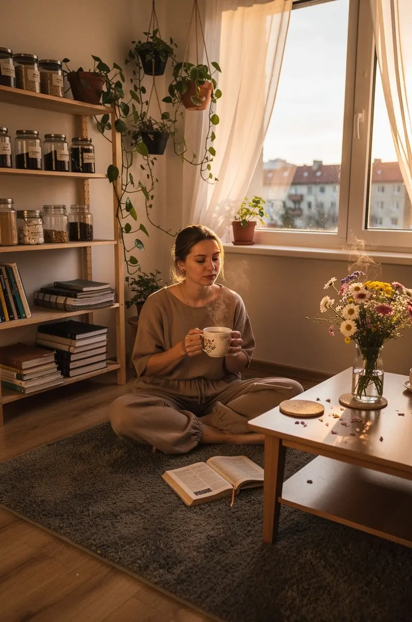 Kelių rūšių arbatos lapų ir žolelių rinkinys ant baltos lininės servetėlės, skirtas ramybės akimirkai.