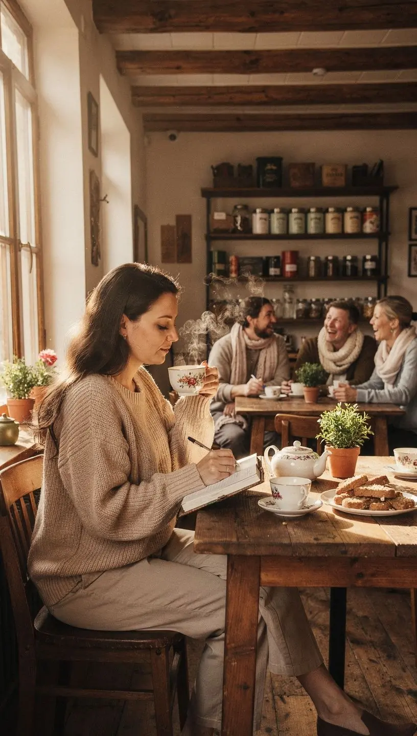 Atpalaiduojančios erdvės kampelis su knyga, arbatos puodeliu ir minkštu pleda, skatinantis stresą mažinančią rutiną.